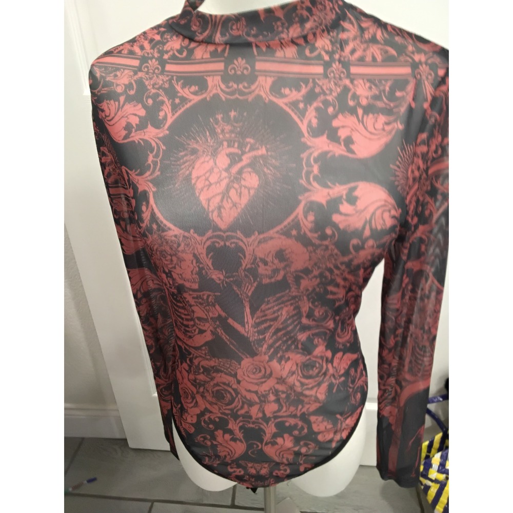 SHEIN Gothic Damask Mesh Bodysuit Red Black Sacred Heart Skeleton Mock Neck 0XL - Picture 2 of 8